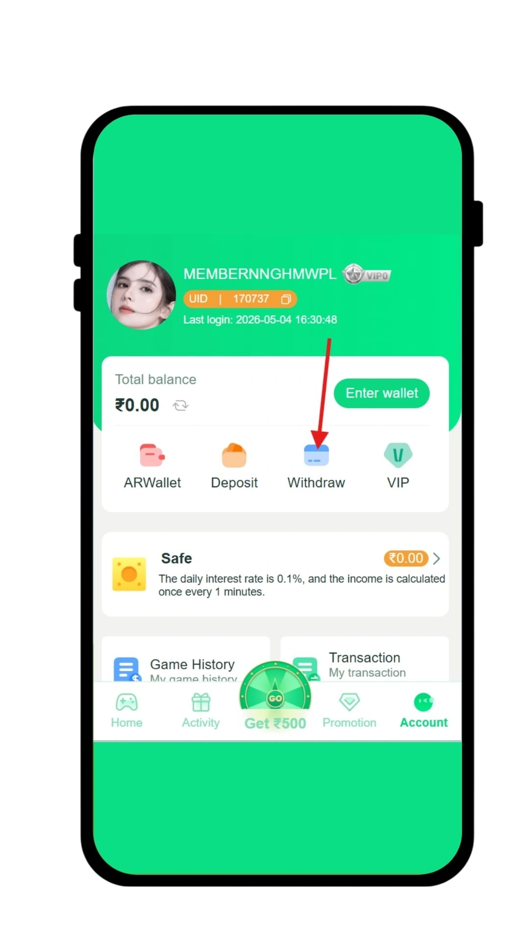 Tap withdraw in the account section